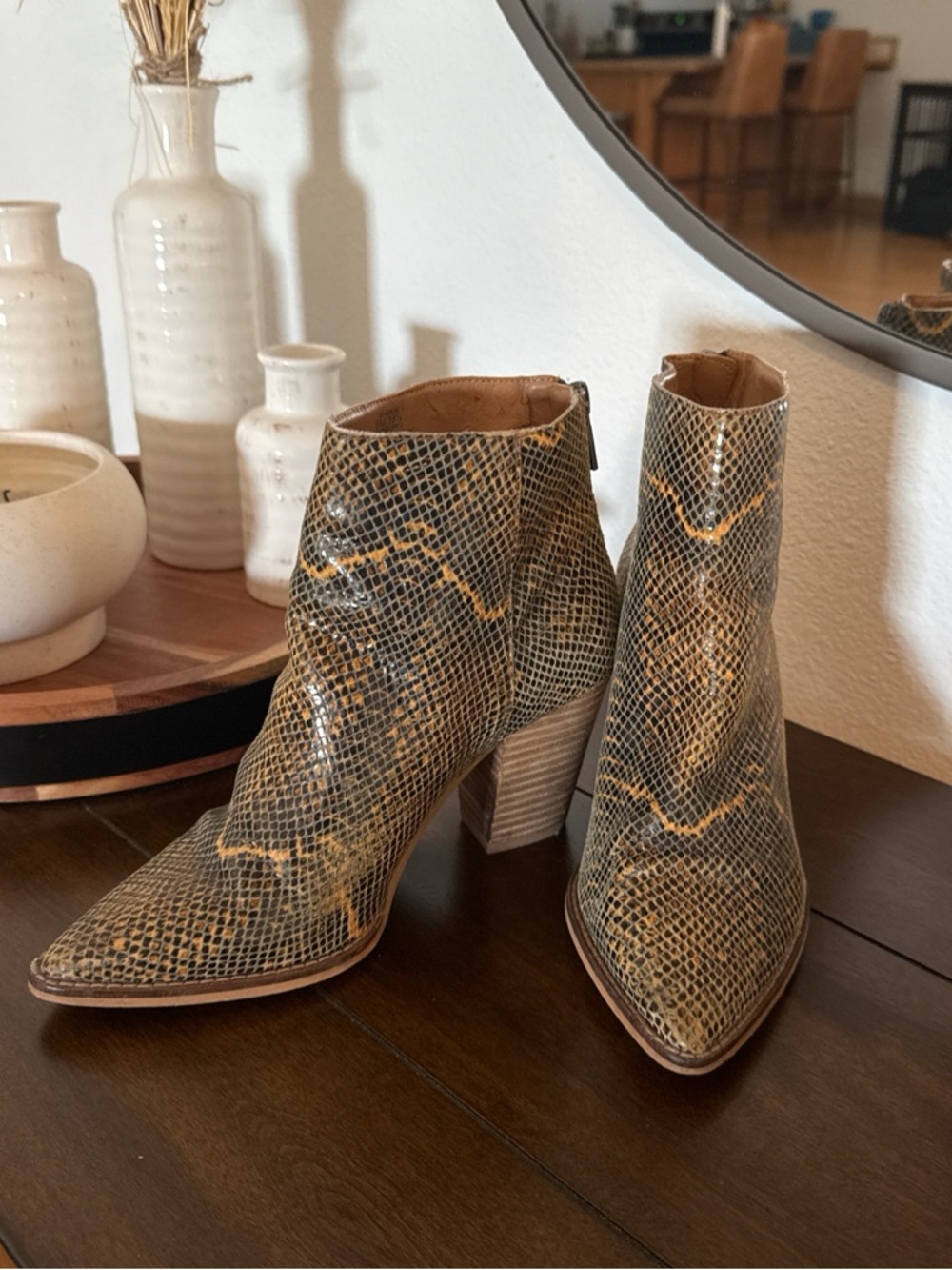 Lucky Brand Snake-Print Pointed Ankle Boots in Brown and Black